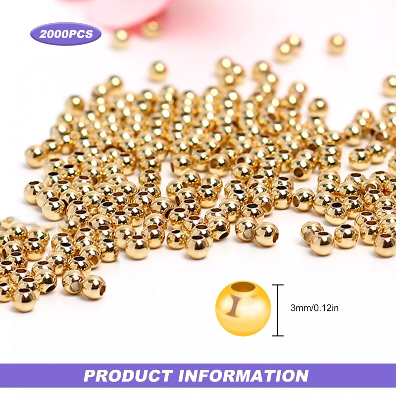 3mm Gold Spacer Beads for Jewellery Making, 2000 Pcs Gold