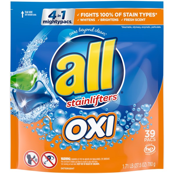 Detergente para colada All Mighty Pacs 4 en 1 con bolsa Oxi, 39 unidades