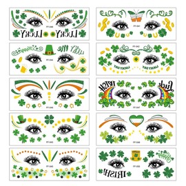 St. Patrick's Day Glitter Face Tattoos St Patricks Day Stickers,2.56×6.3 Inch St. patrick's Day Temporary Tattoos Three Leaf Glitter Shamrock Clover for St. Patrick's Day Party Accessory,10 Sheets