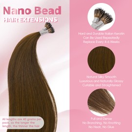 MioYio Nano Hair Extensions Human Hair 4#-MediNanom Brow 14inch 40G/57S/Pack Nano Bead Hair Extensions Human Hair Nano Ring Hair Long Straight For Women
