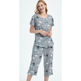 CHUNG Women Cotton Pajamas Set Short Sleeve Top Capri Pants Sleepwear Plus Size (3XL, Happy Owl)