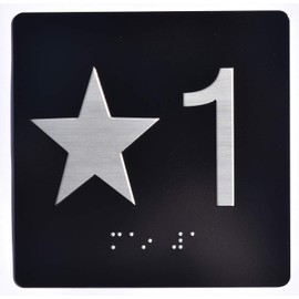 STAR 1 - Elevator Jamb Plate sign With Braille and raised number-Elevator floor number sign letters/Image & Grade 2 Braille - Includes Red Adhesive pad for Easy Installation (4" W x 4" H,black, Tacticle Sign,w) - The Sensation line