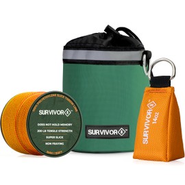 SURVIVOR Arborist Throw Line Kit - Includes 14 OZ Throw Weight, 200 LB Throw Line, & Storage Case - Rugged Tree Climbing Gear with Arborist Rope, Arborist Throw Bag, & Storing Case (Green)