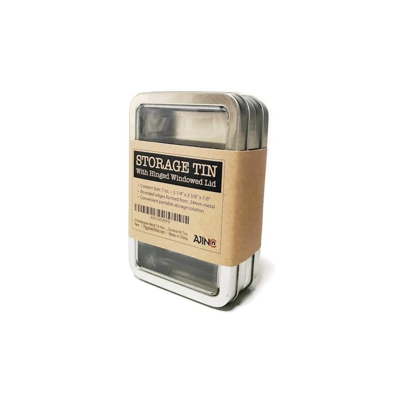 Rectangular Metal Storage Tin Box with Windowed Hinged Lid -