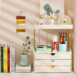 Makeup Organizer - Upgrade 2 Tier 3 Drawers Bathroom Counter Organizer, Versatile Perfume Organizer, Exquisite Vanity Organizer, Large Skincare Organizers, Cream White