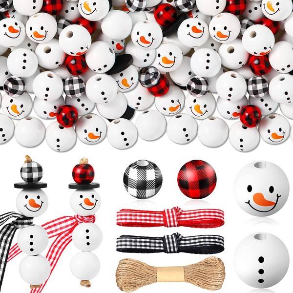 180 Pieces Christmas Snowman Wooden Bead Winter Buffalo Plaid Wood Round, Print with DIY Twine Scarf Beads for Crafts (Classic Color)