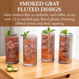 MyGift 12 oz Smoked Gray Fluted Highball Drinking Glasses, Ribbed Textured Glass 6 Inch Tall Tumblers for Cocktail Beverage, Iced Coffee or Tea, Water Drink Cup, Glassware Set of 4