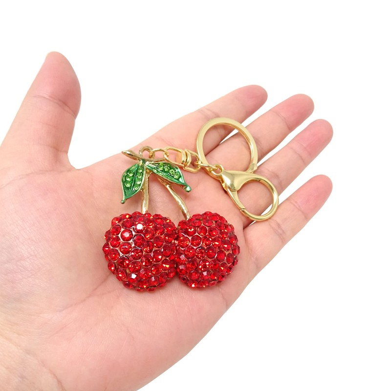 Honbay 1PCS Rhinestone Cherry Keychain Sparkling Fruit Cherry with Leaves