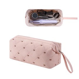 RSRSLEII Large Quilted Hair Tools Travel Bag with Bow Pattern,Waterproof Hair Styling Accessories Storage Case for Shark FlexStyle, Dyson Airwrap Hair Dryer, Curling Iron, Revlon Hair Tools(Pink)
