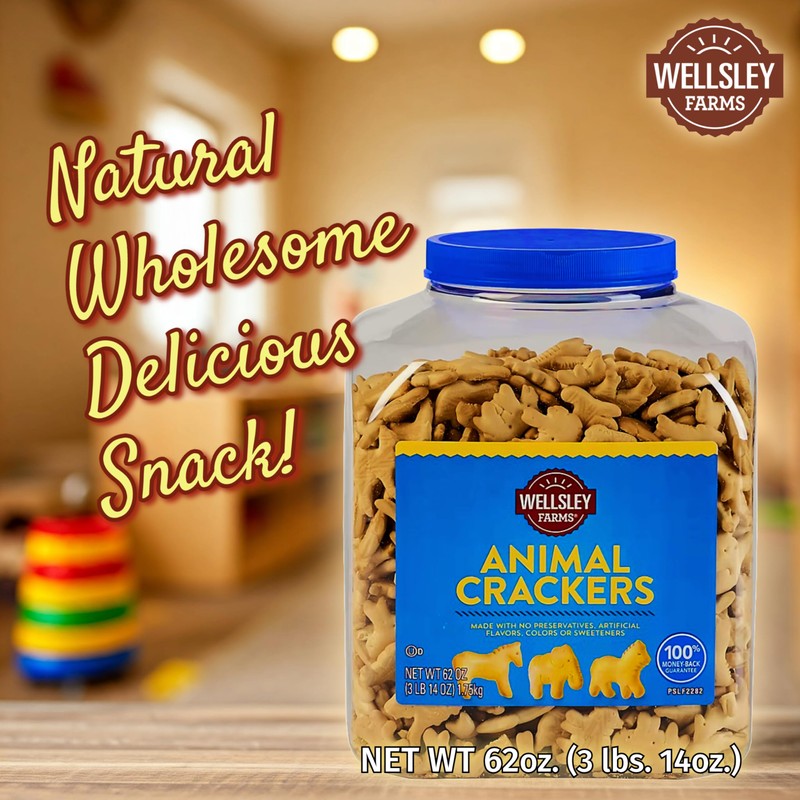 Wellsley Farms Animal Crackers 62oz. Resealable Tub.