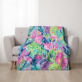 Tropical Botanical Throw Blanket – Soft Flannel Fleece Blanket 50x60 Inch – Bright Pink Green Blue Abstract Leaf Pattern – Cozy Lightweight Blanket for Couch, Bed, or Dorm Room