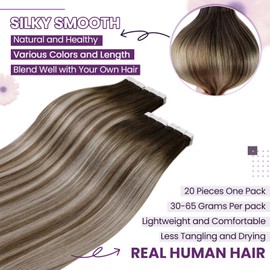 LaaVoo Real Hair Tape-In Extensions, Ombre, Blonde, 60 cm, Skin Wefts, Dark Brown, Balayage, Light Brown and Light Blonde, 50 g, 20 Pieces, #3T8/24