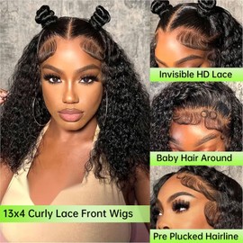 Abhayy 10 Inch Short Bob Wigs 13x4 Deep Curly Bob Wig Human Hair 200% Density HD Lace Front Wigs Human Hair Pre Plucked Wet and Wavy Transparent Human Hair Wigs for Women Natural Black Curly Wig