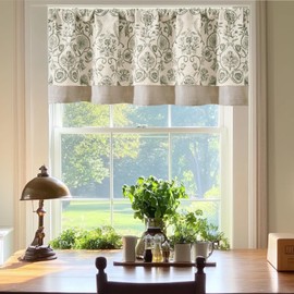 JINCHAN Linen Valance Kitchen Curtain for Windows Double Layer 18 Inch for Living Room Bedroom Bathroom Window Treatment Blackout Vintage Rustic Farmhouse Cottagecore Rod Pocket 1 Panel Green on Beige