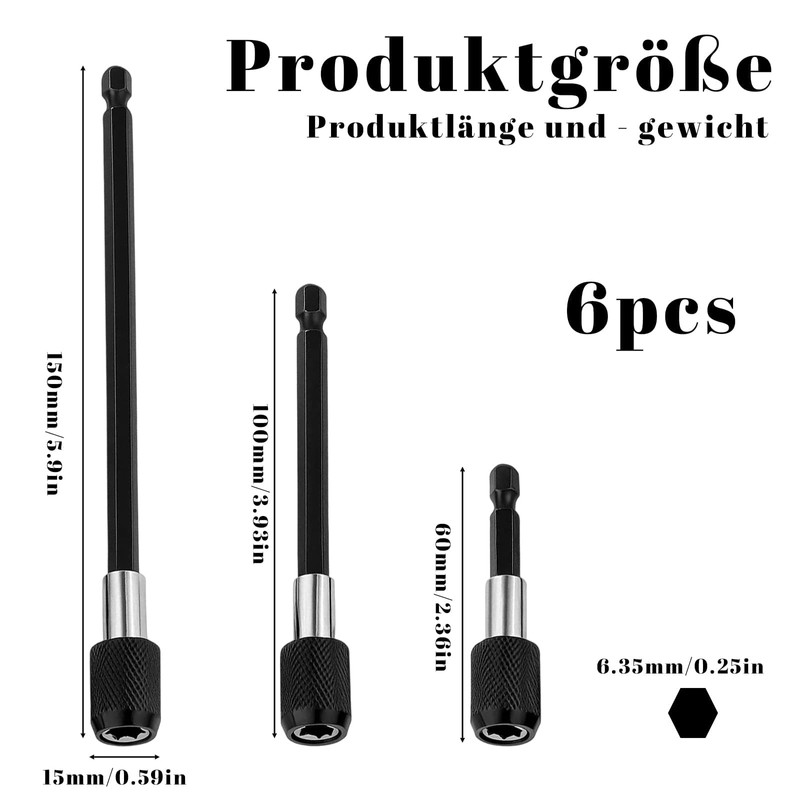 Pack of 6 Magnetic Bit Holders, 60 mm/100 mm/150 mm,