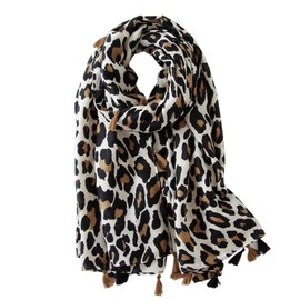 Soudittur Women's Leopard Print Winter Warm Scarves with Fringes - Oversized 180 x 100 cm, beige