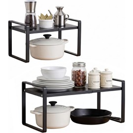 Maxgeen Organizador de Encimera Extensible,Estante para Especias Ajustable,Soporte de Organizador Despensa,Especiero para Cocina, Baño, Sala (Negro-2PCS)