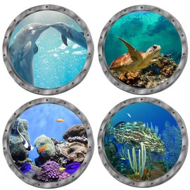 Bustlwor Pack of 4 3D Wall Stickers Underwater World Wall Stickers Bathroom Pictures Wall Stickers 3D Porthole for Children's Room Bedroom Living Room Bathroom Wall Decoration
