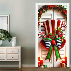 BlissYard Christmas Door Cover Christmas Candy Cane Hanging Banner Whimsical Top Hat Bow Backdrop Front Door Porch Sign Photography Background Winter Xmas New Year 71x35 Inch（Banner Not a Real Wreath）