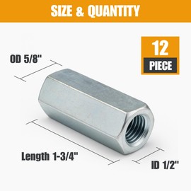 YaaYii 1/2-13 Hex Coupling Nut, Pack of 12, Zinc-Plated Carbon Steel Extension Rod Coupler Connector