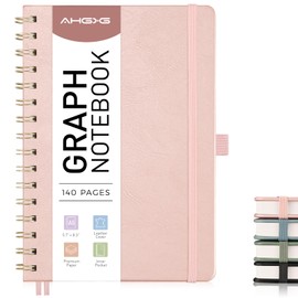 AHGXG Graph Paper Notebook - Spiral Notebook Hardcover Leather Journal 140 Pages, A5 Grid Paper Notebook 5.7" x 8.3", 100 GSM Thick Paper, for School Writing Graphing Engineering, Rose Gold