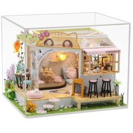 MAGQOO Dollhouse Miniature with Furniture DIY Wooden Dollhouse Kit Tiny House Kit DIY House Kit Creative Room Idea Dust Proof Included (Cat Coffee Garden)