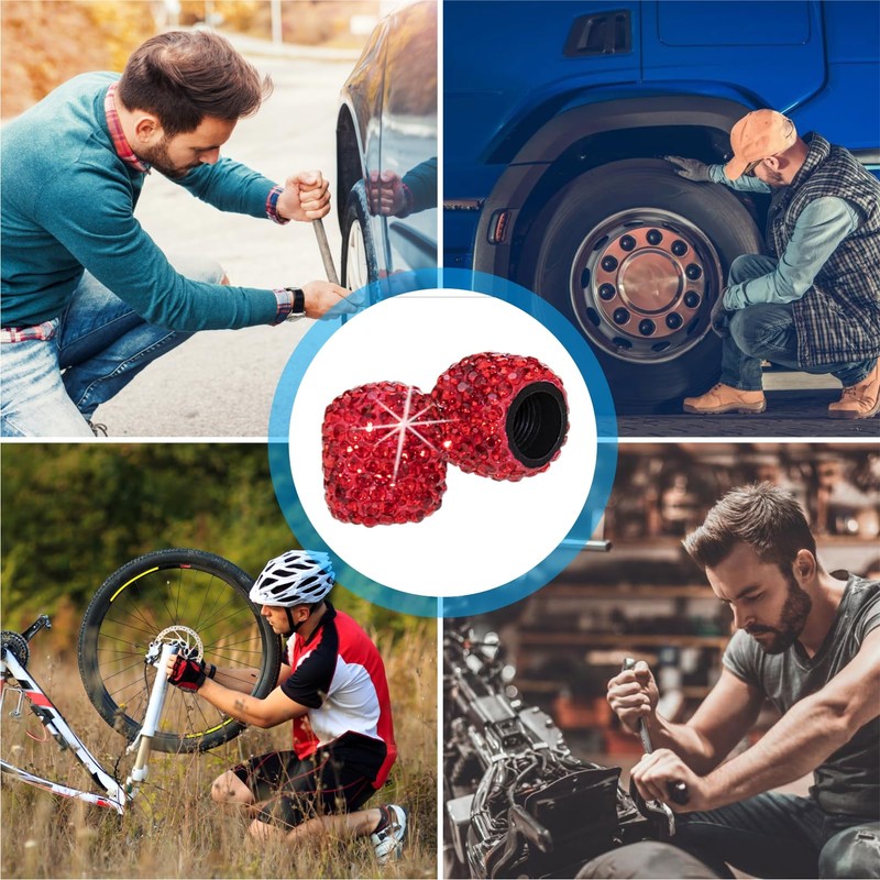 HZJD Tire Valve Stem Caps, Handmade Crystal Rhinestone, Red(4 Pack)