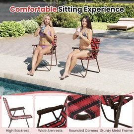 GYMAX Lawn Chair Folding, Webbed Beach Lounge Chairs Set with Highback, Outdoor Portable Lightweight Camping Dinning Chair for Patio, Lawn, Poolside, Sports, Garden, Backyard (2,Red)