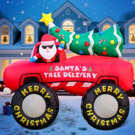 7FT Christmas Inflatable Blow Up Decorations, Santa Claus Drive Monster Truck with Christmas Tree, Built-in LEDs for Holiday Party, Garden, Lawn, Yard, Patio Décor