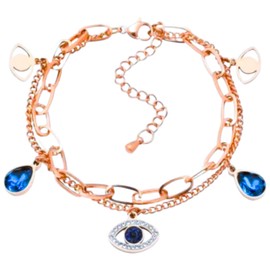 Double Layer Evil Eye Charm Bracelet, Waterproof Stainless Steel, Razzberry Designer Jewellery for Women, 18cm + 5cm Extension, Blue Crystal Zirconia, included Gift Pouch (Rose Gold)