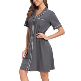 Wikoan Women Nightdress, Button Down nighties for women, Boyfriend Style V-Neck Relaxed Nightshirt Sleepwear,Dark grey,L