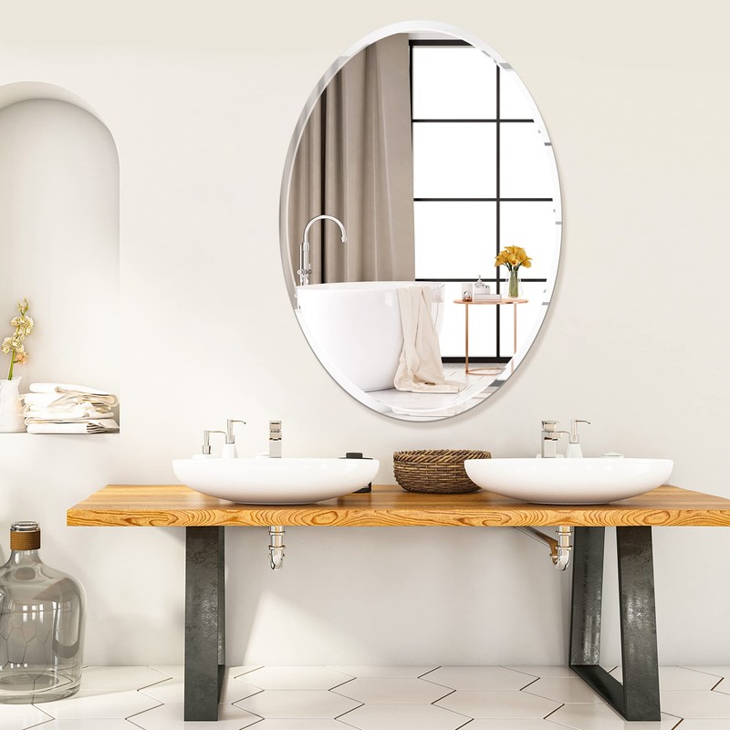 Frameless Oval Bathroom Mirror, 24x36 Inch Beveled Edge Vanity Wall