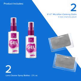 Gel Lens Cleaner Kit - (2) 2oz Eye Glasses Cleaner Gel Spray + (2) Microfiber Cleaning Cloths | Safe for AR Coated & All Lenses, Screens, Electronics (4oz Blue)