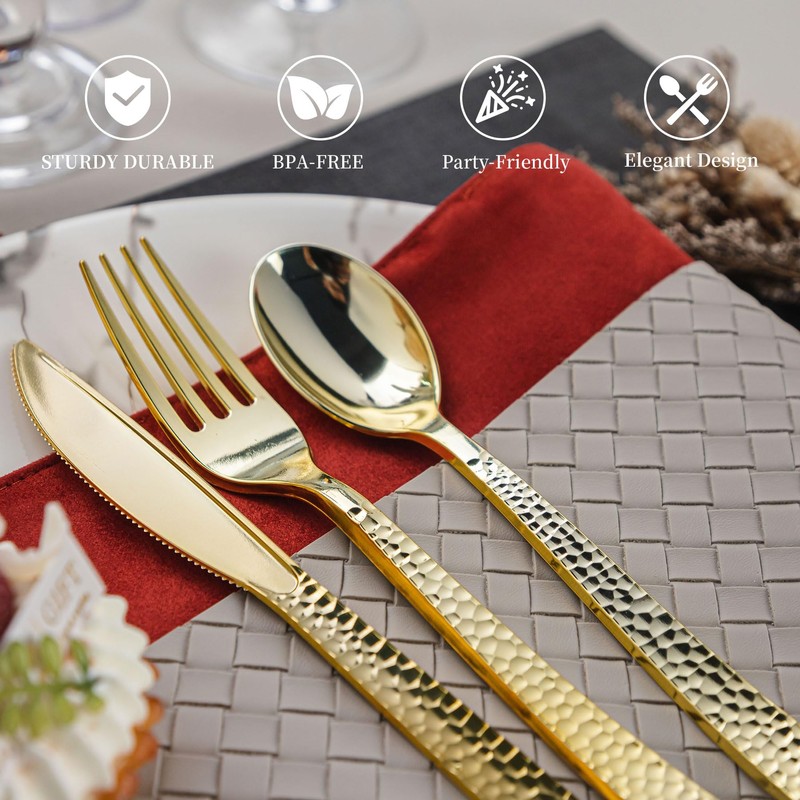 Pryntono 360PCS Gold Plastic Silverware, Heavy Duty Plastic Cutlery Set,