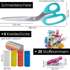 OfficeTree Dressmaking Scissors Fabric Scissors Professional Set - 20 x Fabric Clips and 4 x Chalk - Fabric Scissors - Textile Scissors with Sewing Accessories - Fabric Scissors Sewing - Textile