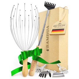 Head Massager Scalp & Back Scratcher Set for Sustainable Relaxation - 100% All-Inclusive Gift Set Including 2X Ribbons - Gifts for Men - Gifts for Women - Christmas Gifts for Him and Her - Mens Gifts