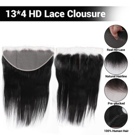 Filelf 13x4 Closure Hd Lace Frontal,Invisible Natural Hairline Single Knot Free Part Silky Glueless Design Clean Lace Closure Straight Natural Black 16 Inch