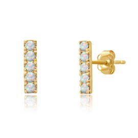 MAX + STONE 14k Yellow Gold Small Created Opal Bar Stud Earrings for Women with Push Backs and October Birthstones