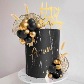 Decoración bohemia para tartas, bolas negras doradas, decoraciones para pasteles, hojas de palma, zacate bohemia para cumpleaños, dorado, negro, suministros para fiesta temática boho (04)