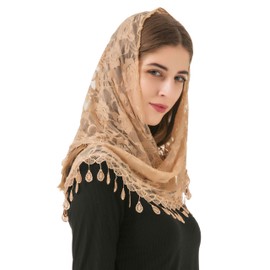 PAMOR Mass Veil Triangle Mantilla Cathedral Head Covering Chapel Veil Lace Shawl Latin Scarf (Champagne)