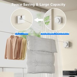 MUSTORN Non-Sagging Retractable Clothesline Indoor & Outdoor Clothes Line Heavy Duty Clothes Drying Line Retracting Laundry Line Wall Mounted Stainless Steel Line-15.1 Feets（White）