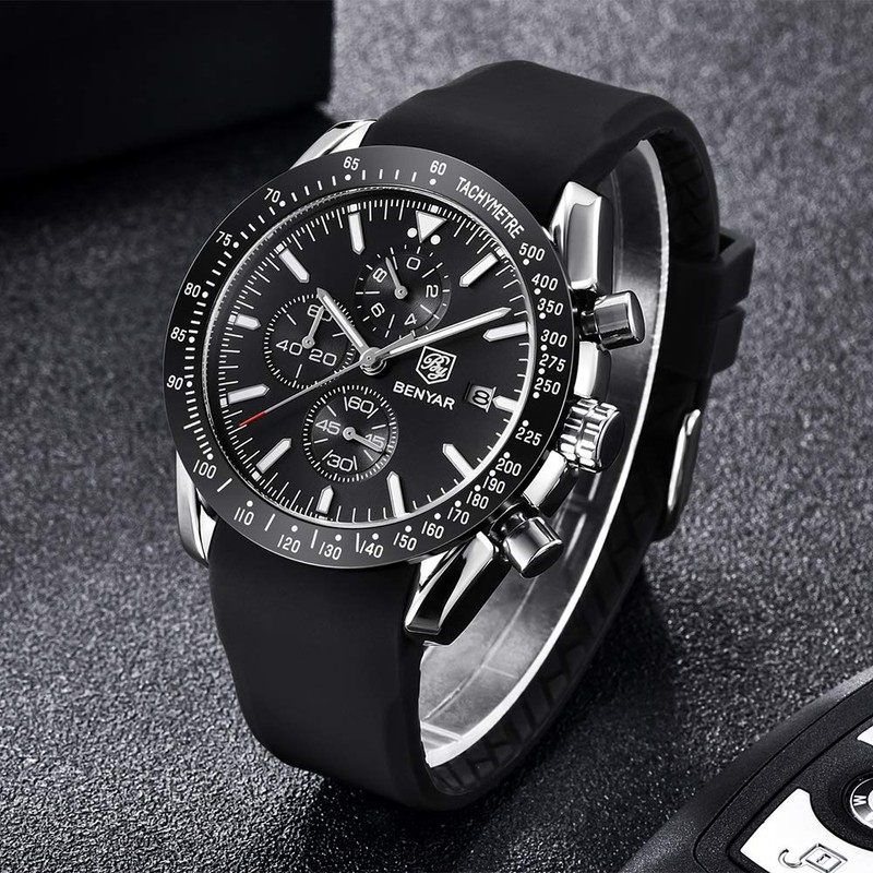 BENYAR Mens Watches Quartz Movement Chronograph Leather Strap Fashion Business