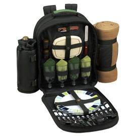 Picnic at Ascot - Deluxe Equipped 4 Person Eco Picnic Backpack with Cooler, Insulated Wine Holder & Blanket - Forest Green
