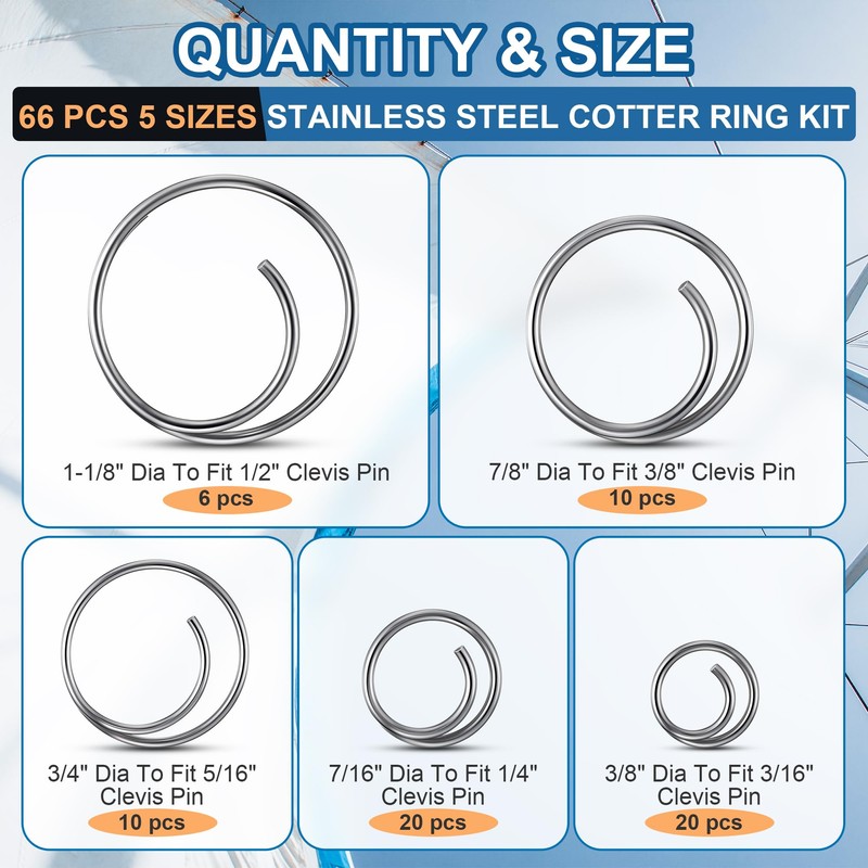 Dunkive 66 Pcs 5 Sizes Stainless Steel Cotter Ring Kit,