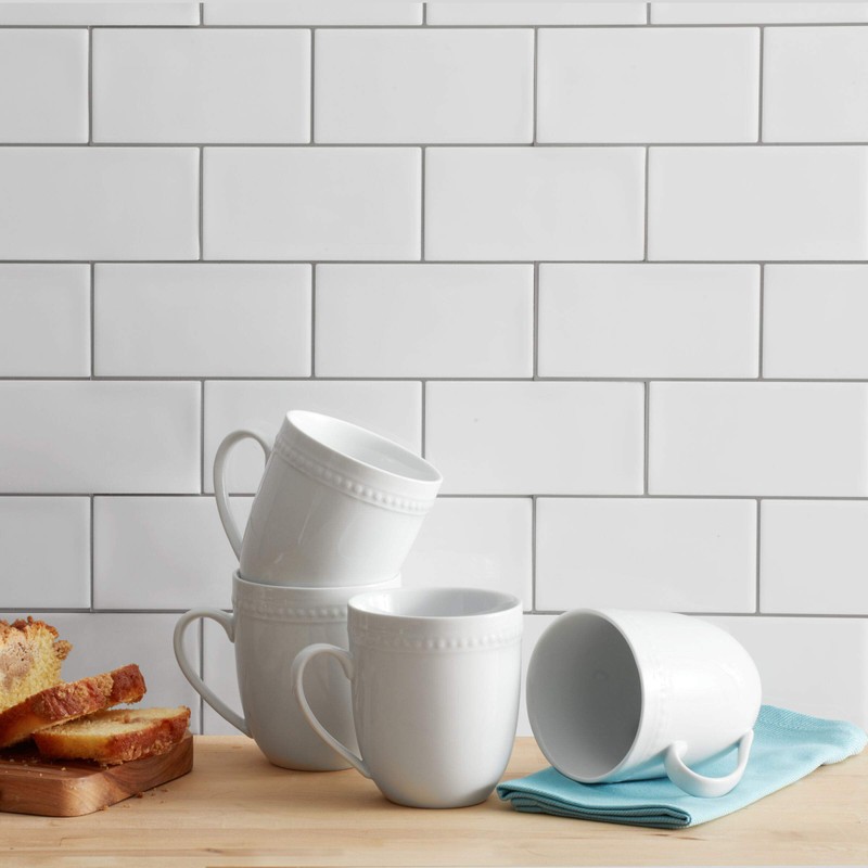 Everyday White Beaded Set of 4 Mugs, 14 ounce