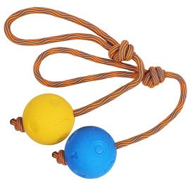 Weeyuu Rope Dog Toy, 2 Pack Ball on a Rope Dog Toys Durable Elastic Solid Rubber Balls for Fetch, Catch, Throw and Tug of War (6 cm, Blue + Yellow)