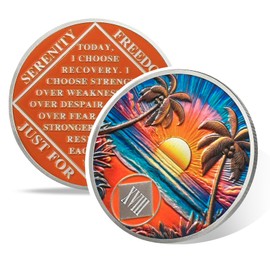 Beach Sunset 18 Year Sobriety Coin, Affirmation NA Coin, Addiction Recovery Eighteen Year Sober Chip, Celebrating Recovery Anniversary Token, Narcotics Anonymous Sobriety Gifts for Men Women