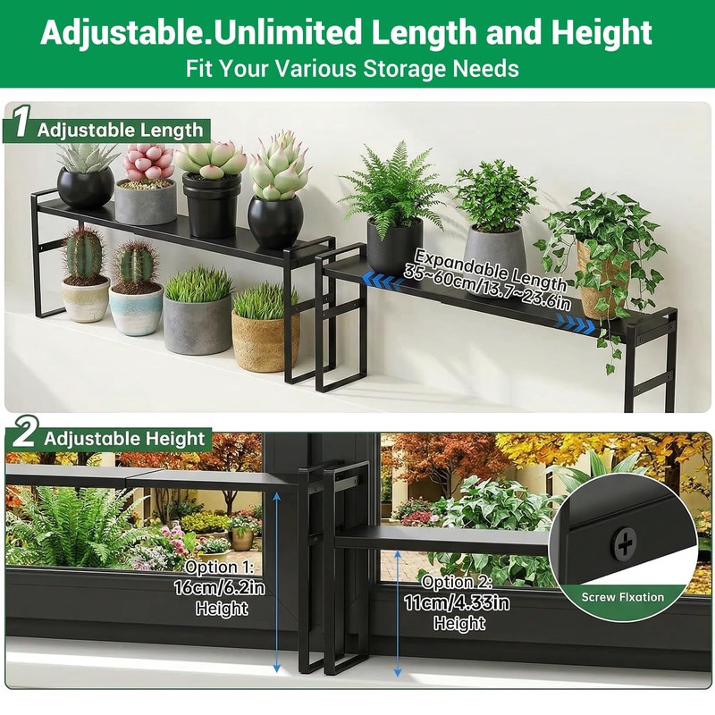 2 Pack Black Expandable Cabinet Shelf Organizer 13.7-23.6" L Stackable