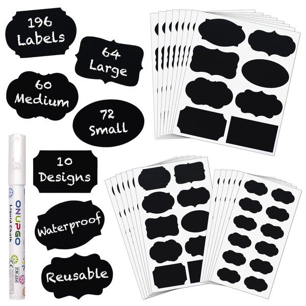 ONUPGO Chalkboard Labels Stickers Bulk - 196 Reusable Chalk Sticker Labels with Erasable Chalk Maker, Removable Waterproof Blackboard Labels for Containers, Glass, Mason Jar Labels