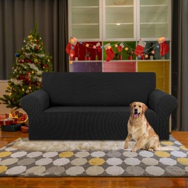 Stretch Loveseat Sofa Cover Slipcover,Couch Covers for 2 Cushion Couch Sofa (55"-79") Furniture Protector Sofa with Elastic Bottom for Kids,Dog. Jacquard Small Checked (Medium,Black)